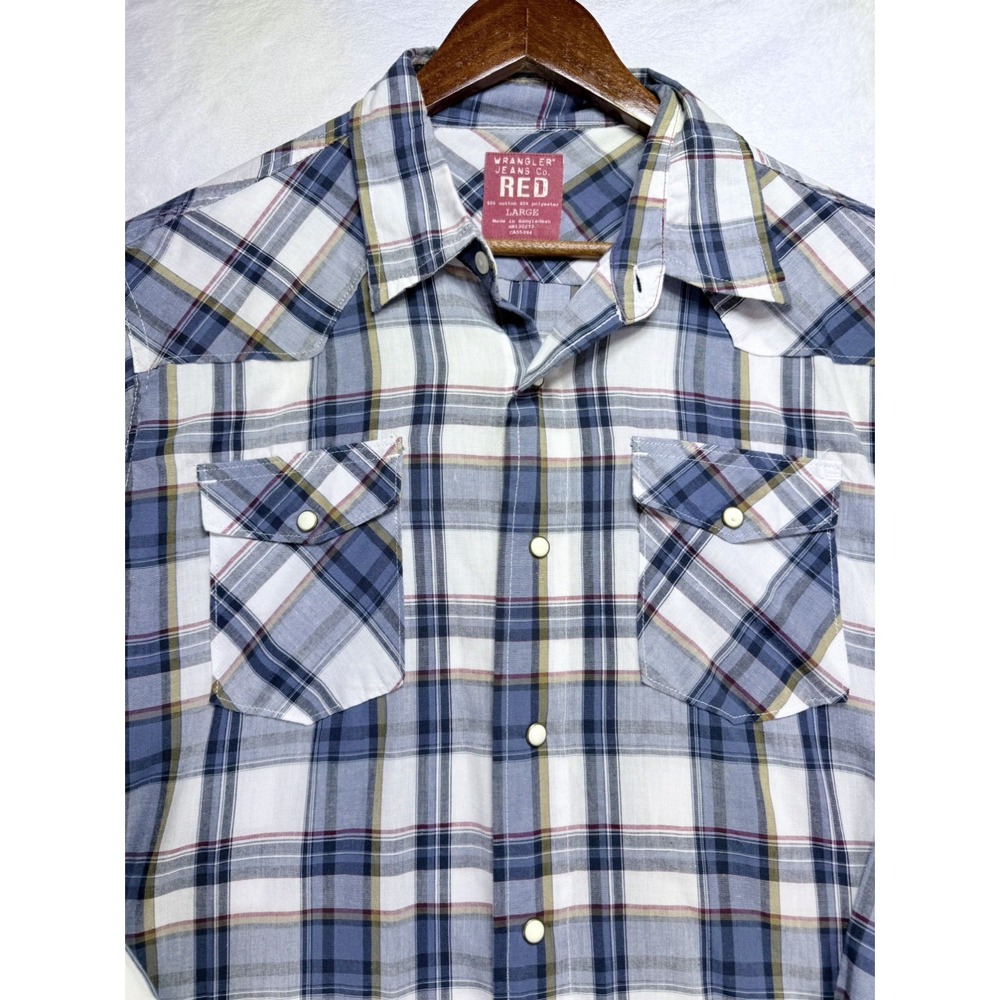 Wrangler RED Plaid Pearl Snap Western Shirt Men's Large Blue White Cowboy